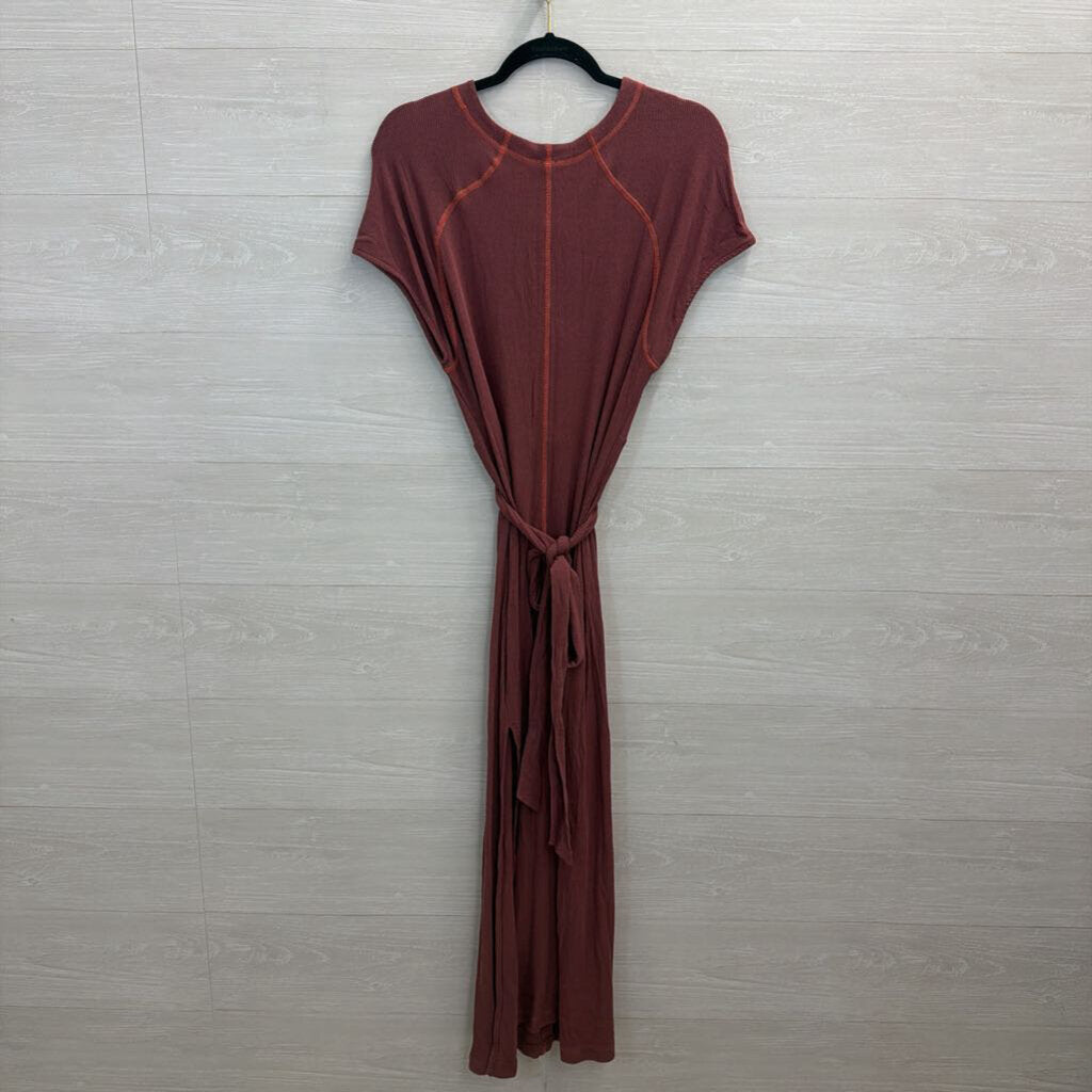 Free People Burgundy/ Orange Contrast Stitch Short Sleeve Tie Waist Maxi Dress Medium