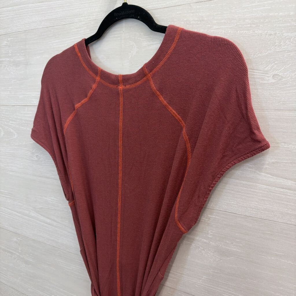 Free People Burgundy/ Orange Contrast Stitch Short Sleeve Tie Waist Maxi Dress Medium