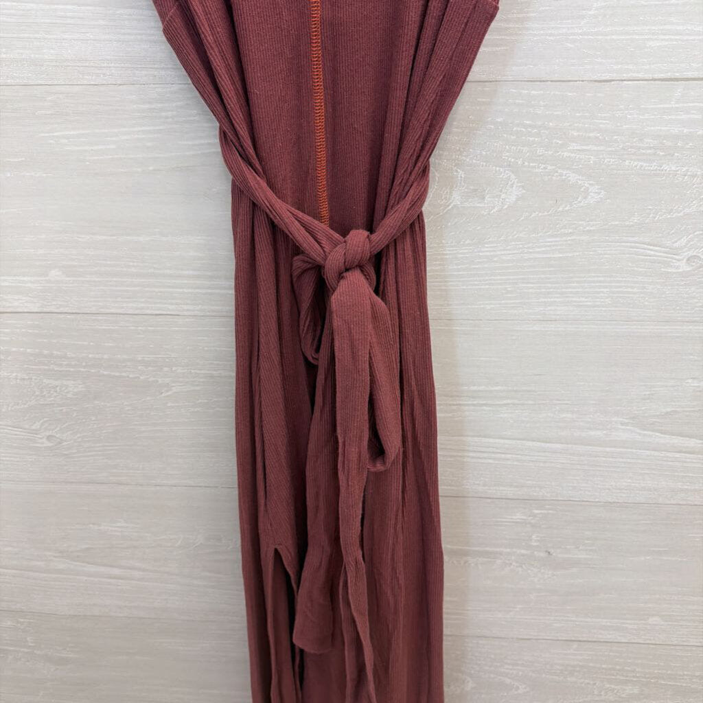 Free People Burgundy/ Orange Contrast Stitch Short Sleeve Tie Waist Maxi Dress Medium