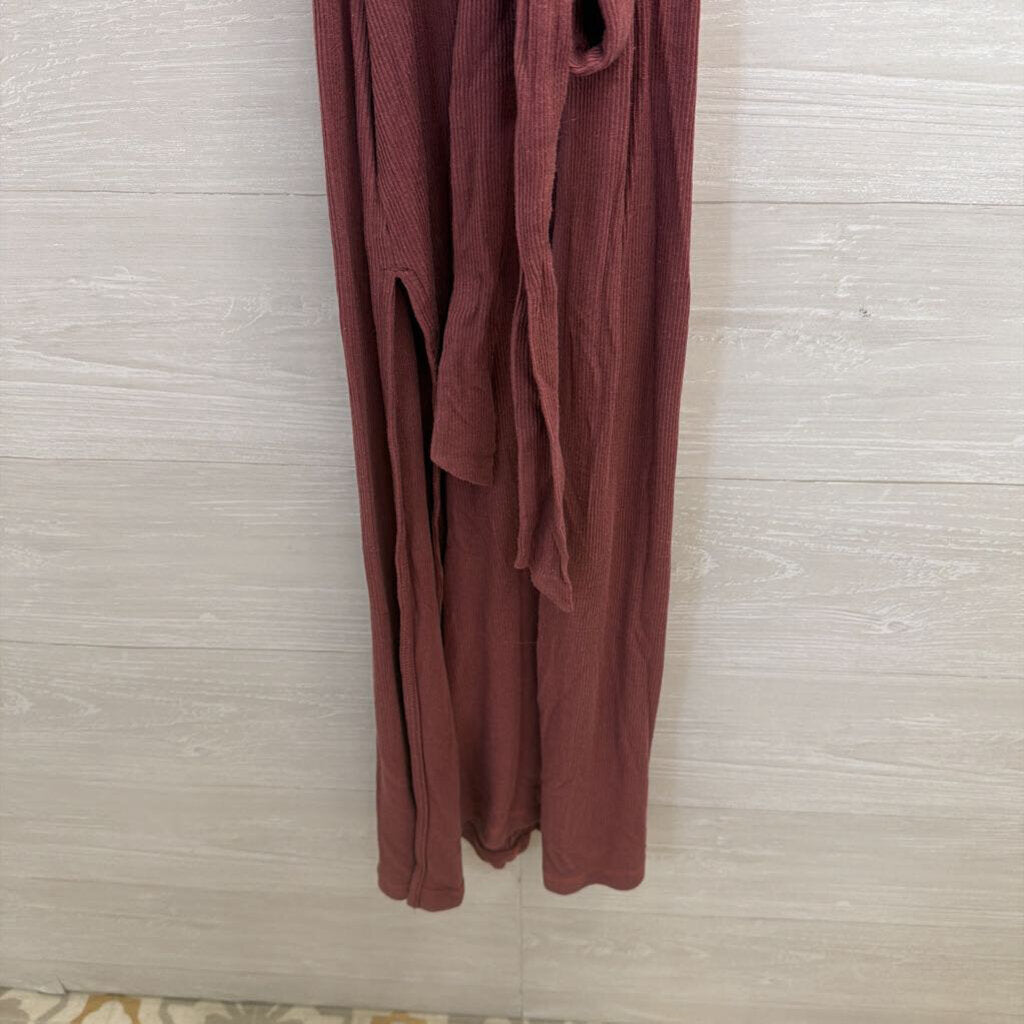 Free People Burgundy/ Orange Contrast Stitch Short Sleeve Tie Waist Maxi Dress Medium