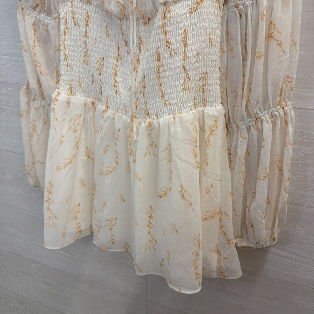 Sabo Skirt White/ Brown Print Long Sleeve Dress Medium