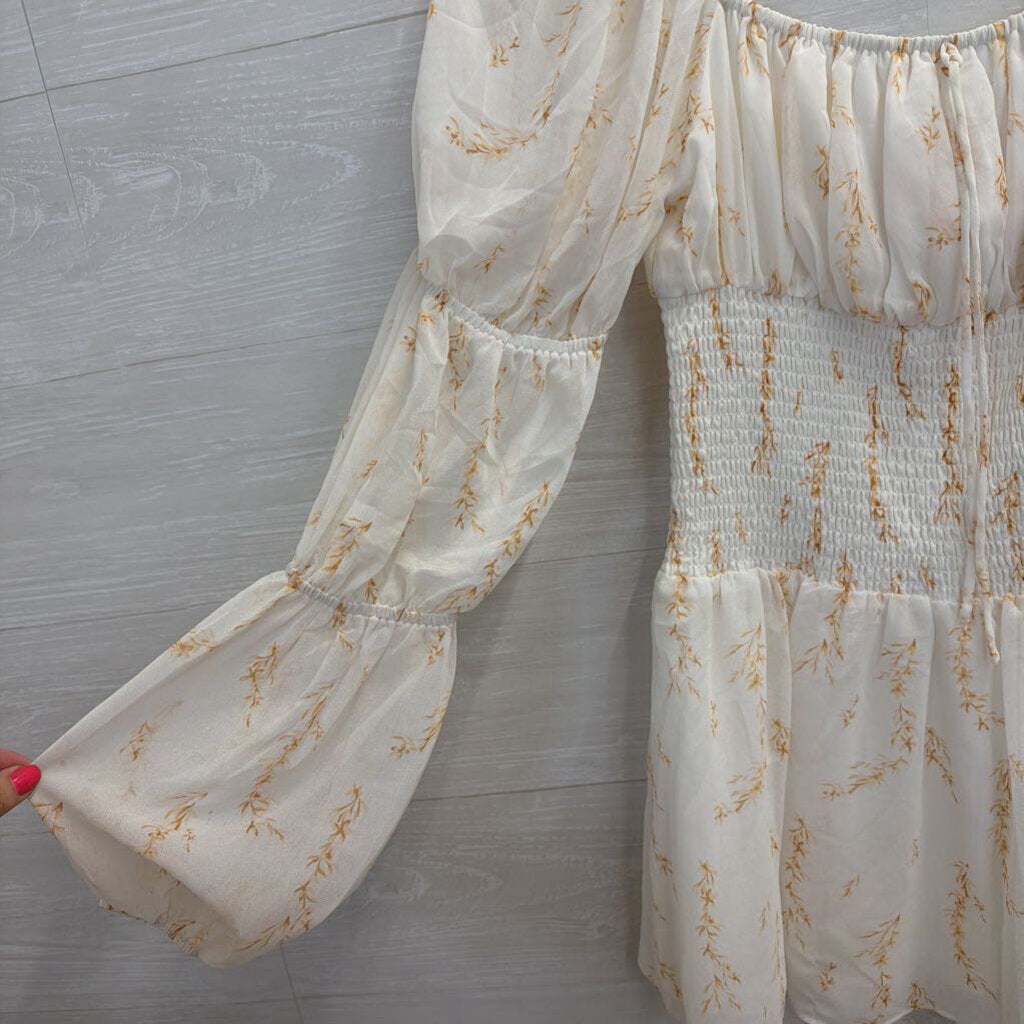 Sabo Skirt White/ Brown Print Long Sleeve Dress Medium