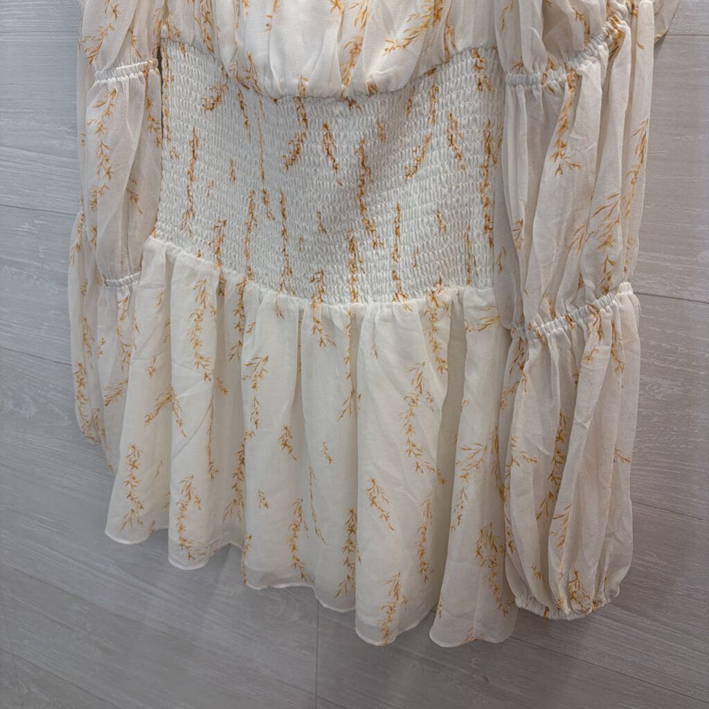 Sabo Skirt White/ Brown Print Long Sleeve Dress Medium