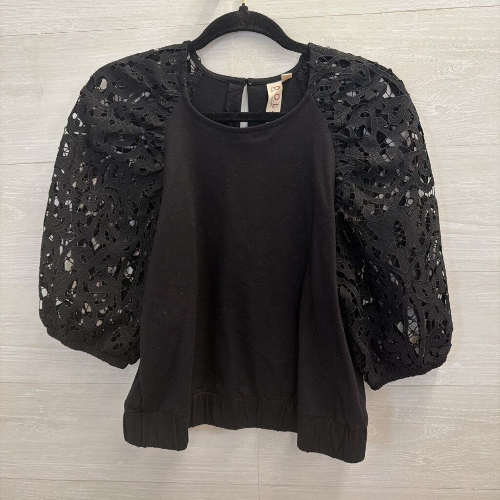 Dolan Black Lace Long Puff Sleeve Top Medium