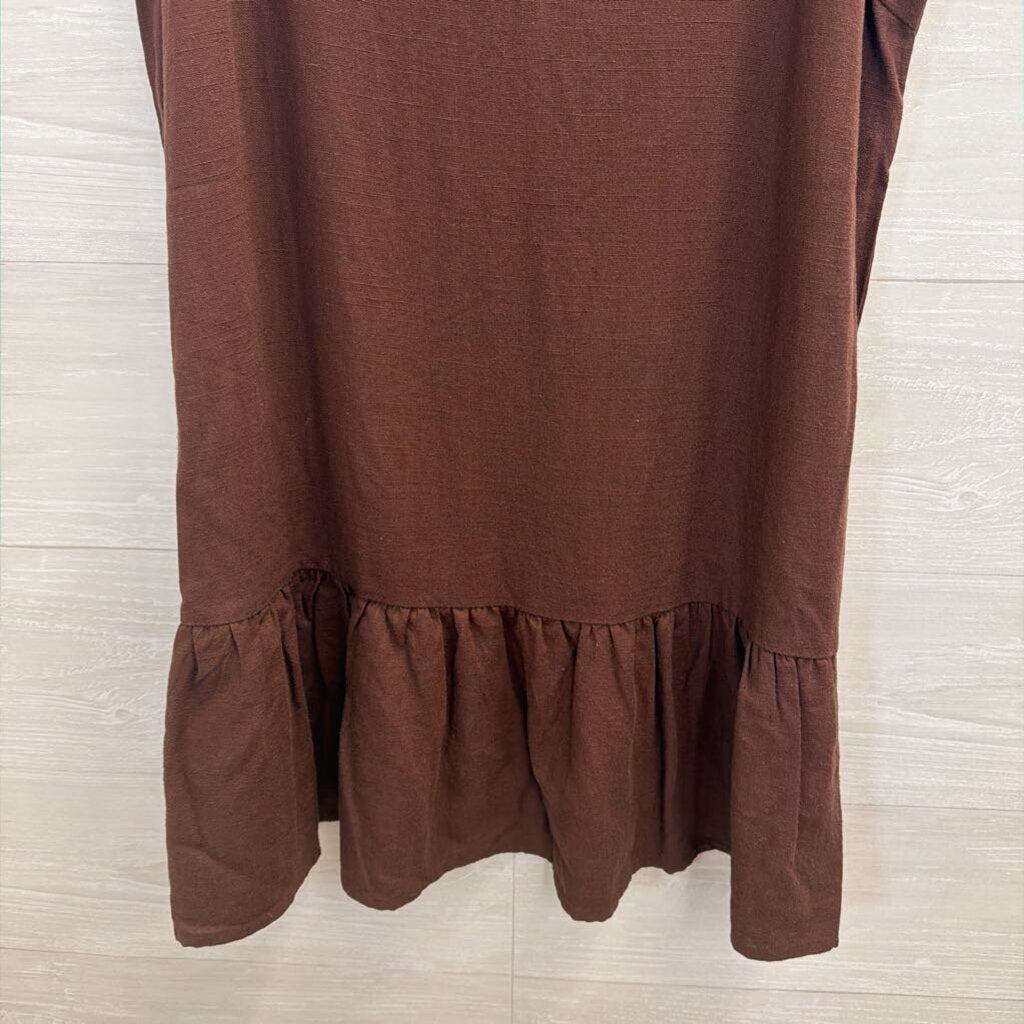 Charlie Holiday Brown Linen Blend Ruffle Hem Dress 8