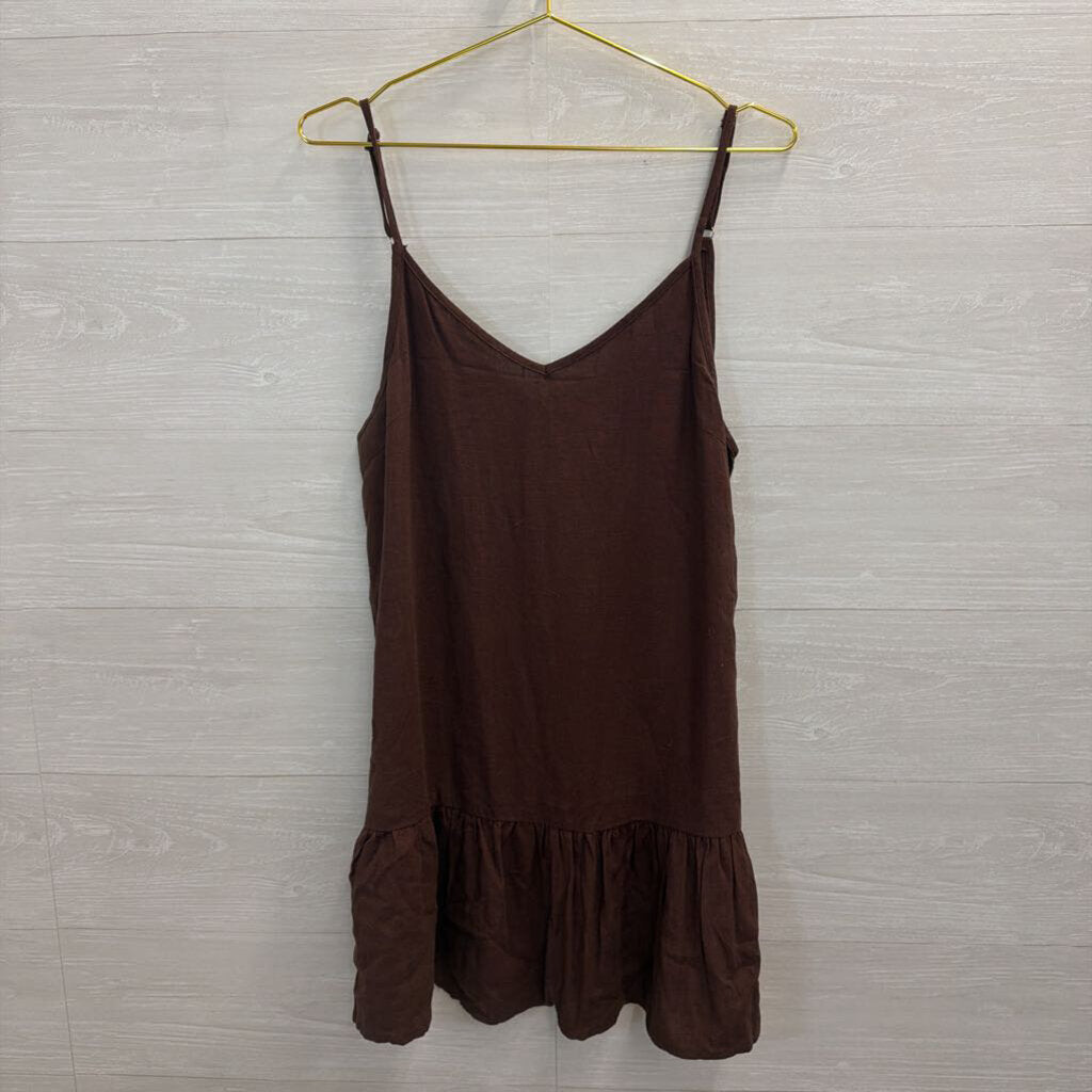 Charlie Holiday Brown Linen Blend Ruffle Hem Dress 6