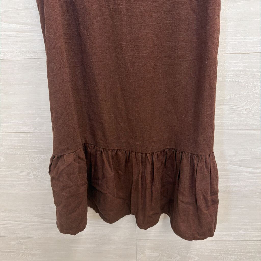 Charlie Holiday Brown Linen Blend Ruffle Hem Dress 6