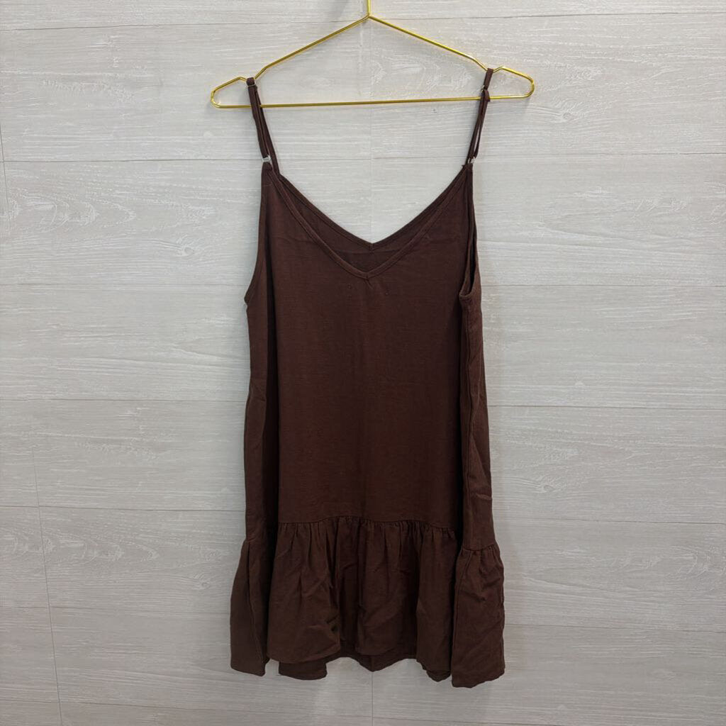 Charlie Holiday Brown Linen Blend Ruffle Hem Dress 6