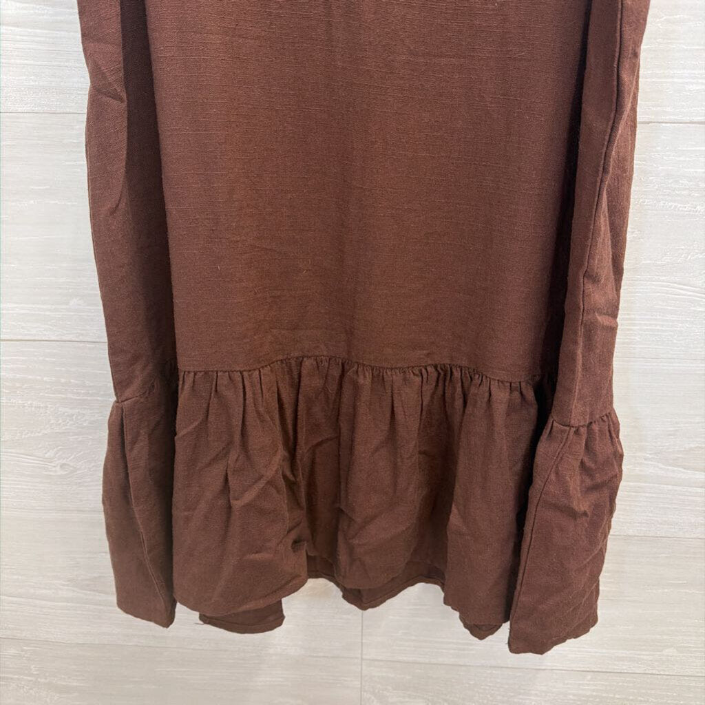 Charlie Holiday Brown Linen Blend Ruffle Hem Dress 6