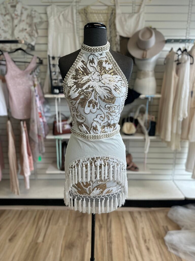 12th Tribe White Beaded Sequin Fringe High Neck Mini Dress Small