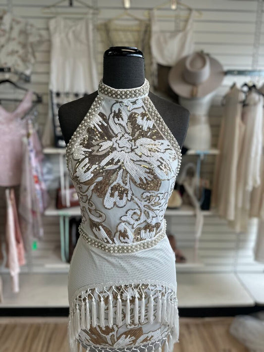 12th Tribe White Beaded Sequin Fringe High Neck Mini Dress Small