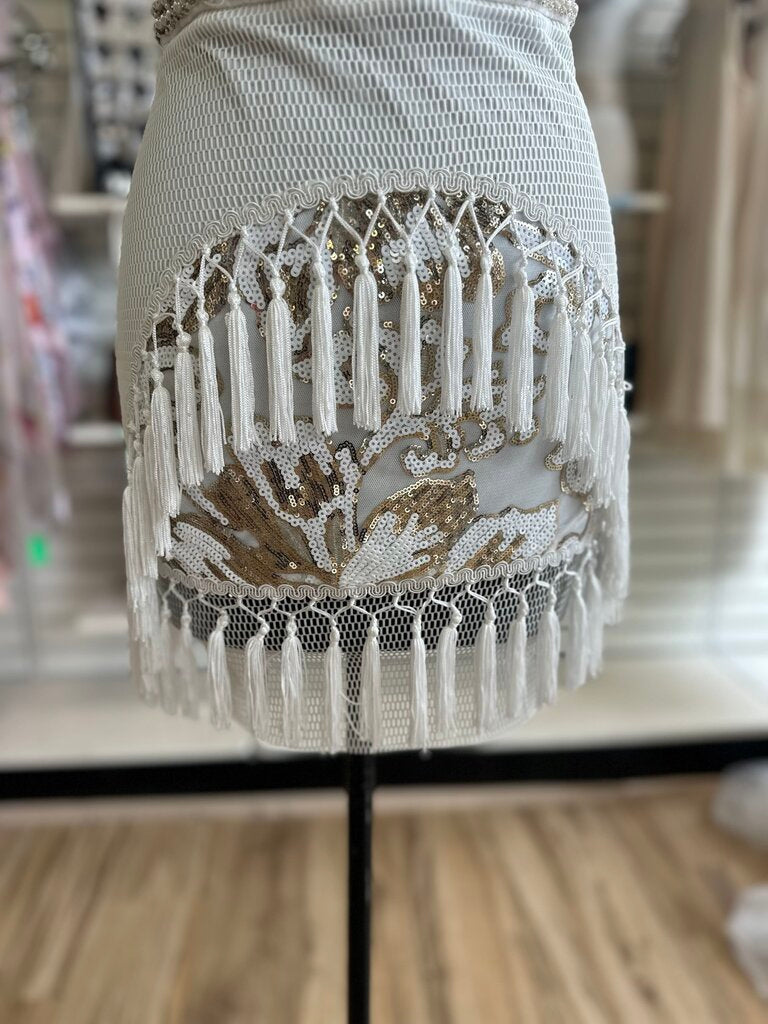 12th Tribe White Beaded Sequin Fringe High Neck Mini Dress Small