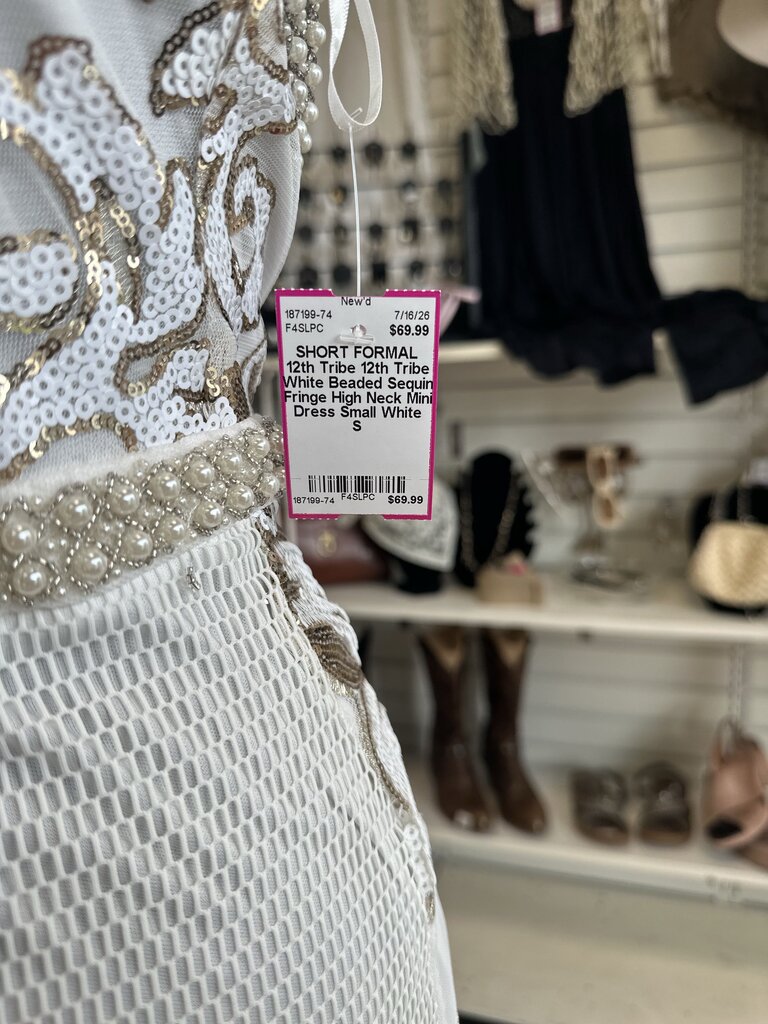12th Tribe White Beaded Sequin Fringe High Neck Mini Dress Small
