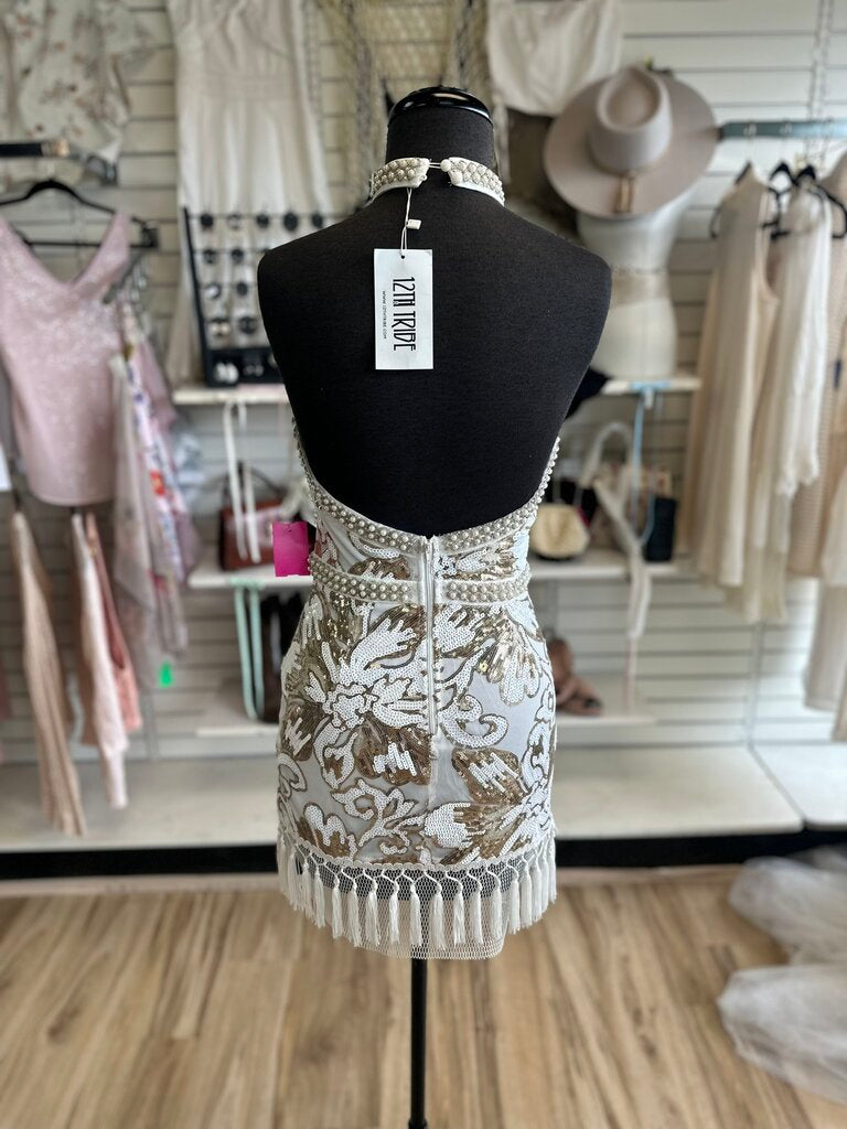 12th Tribe White Beaded Sequin Fringe High Neck Mini Dress Small