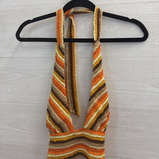 12th Tribe Orange/ Multi Textured Striped Cropped Halter Top Medium