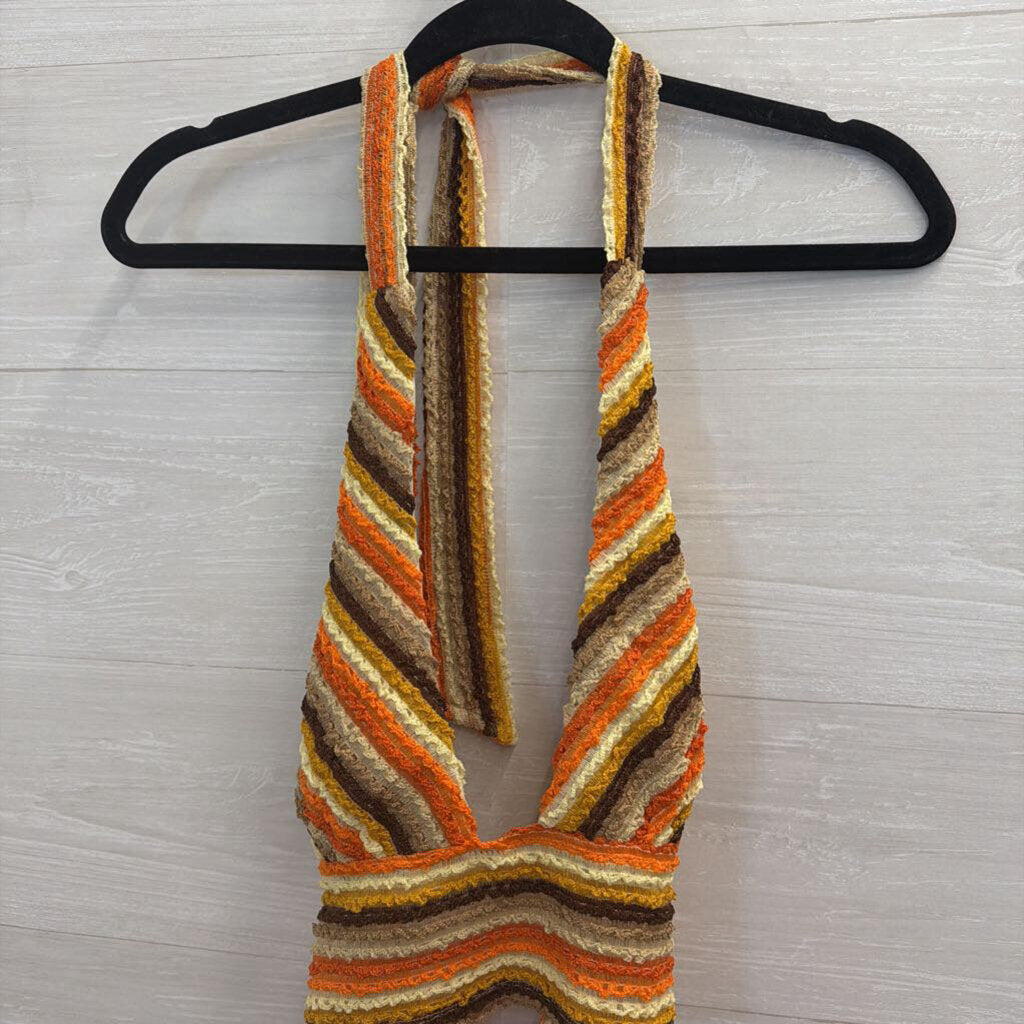 12th Tribe Orange/ Multi Textured Striped Cropped Halter Top Medium