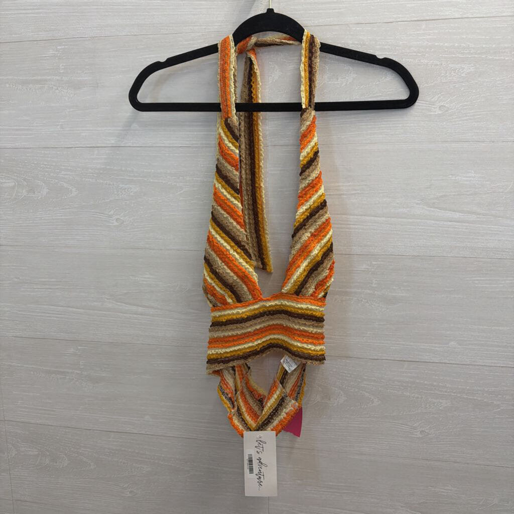 12th Tribe Orange/ Multi Textured Striped Cropped Halter Top Medium