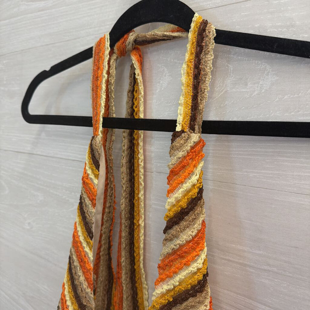 12th Tribe Orange/ Multi Textured Striped Cropped Halter Top Medium