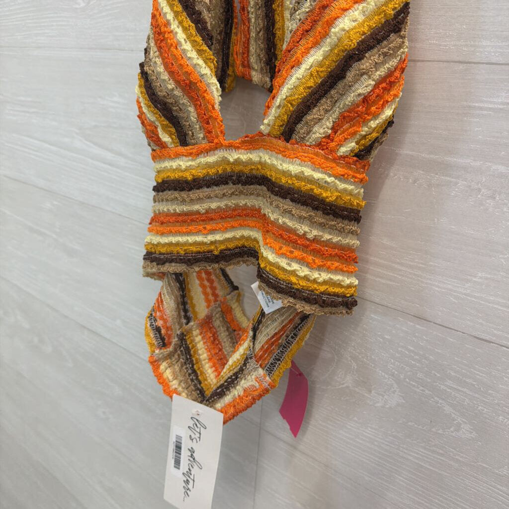 12th Tribe Orange/ Multi Textured Striped Cropped Halter Top Medium