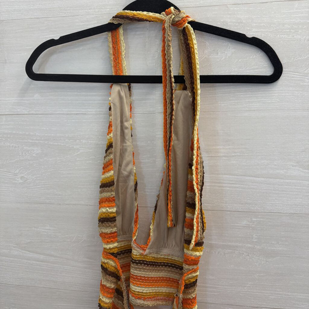 12th Tribe Orange/ Multi Textured Striped Cropped Halter Top Medium
