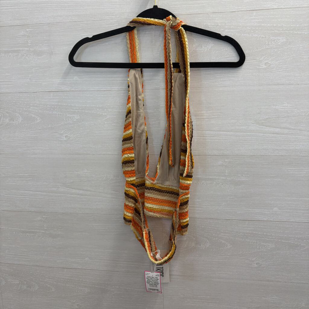 12th Tribe Orange/ Multi Textured Striped Cropped Halter Top Medium