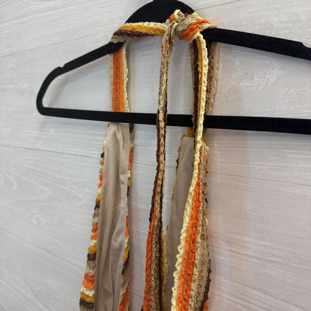 12th Tribe Orange/ Multi Textured Striped Cropped Halter Top Medium