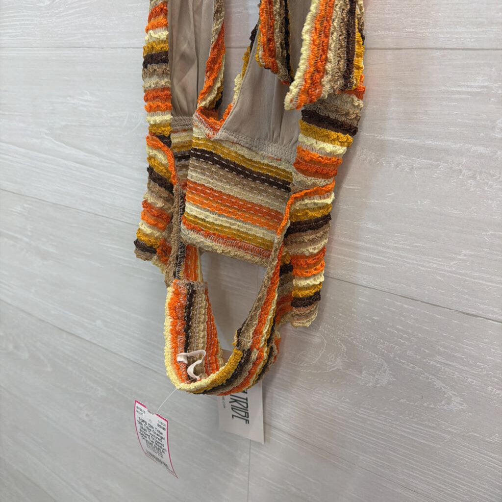 12th Tribe Orange/ Multi Textured Striped Cropped Halter Top Medium