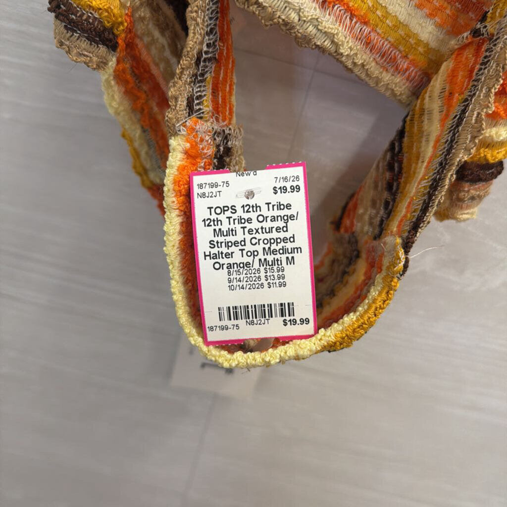 12th Tribe Orange/ Multi Textured Striped Cropped Halter Top Medium
