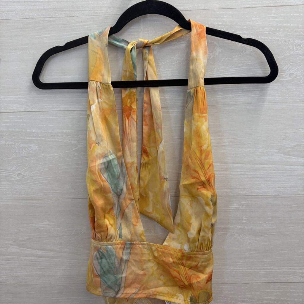 12th Tribe Yellow/ Multi Silky Print Cropped Halter Top Large