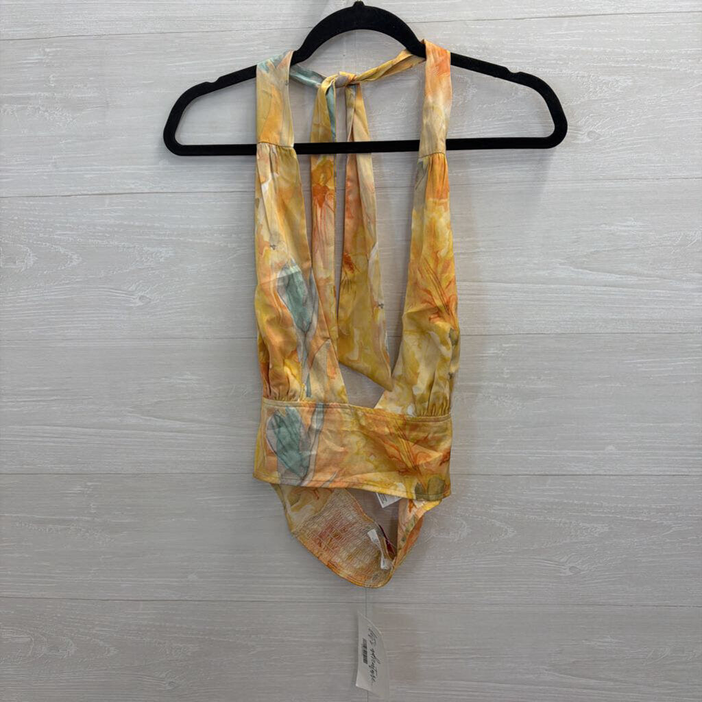 12th Tribe Yellow/ Multi Silky Print Cropped Halter Top Large
