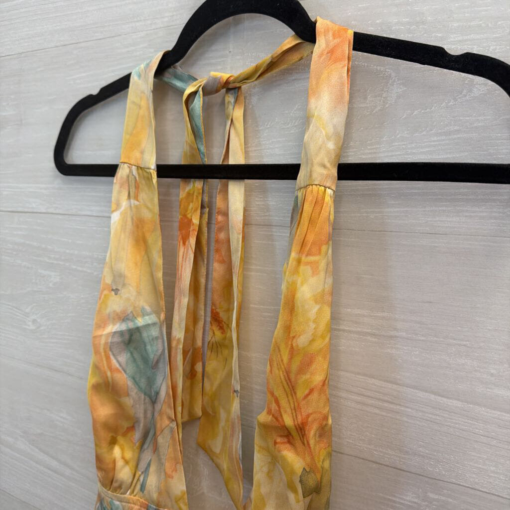 12th Tribe Yellow/ Multi Silky Print Cropped Halter Top Large
