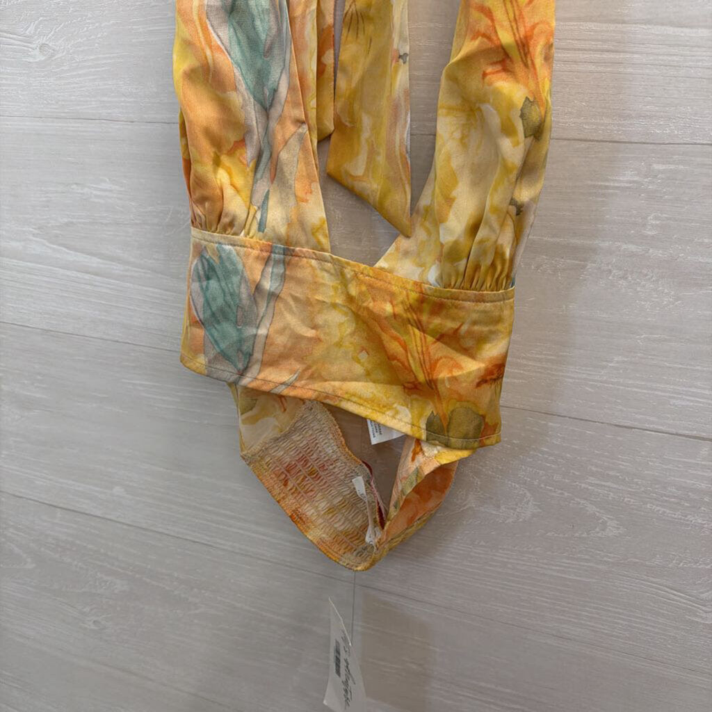 12th Tribe Yellow/ Multi Silky Print Cropped Halter Top Large