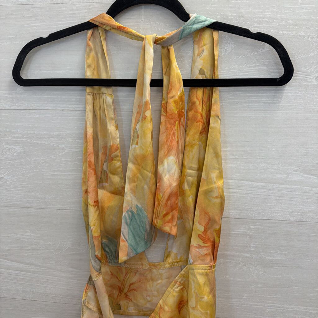 12th Tribe Yellow/ Multi Silky Print Cropped Halter Top Large