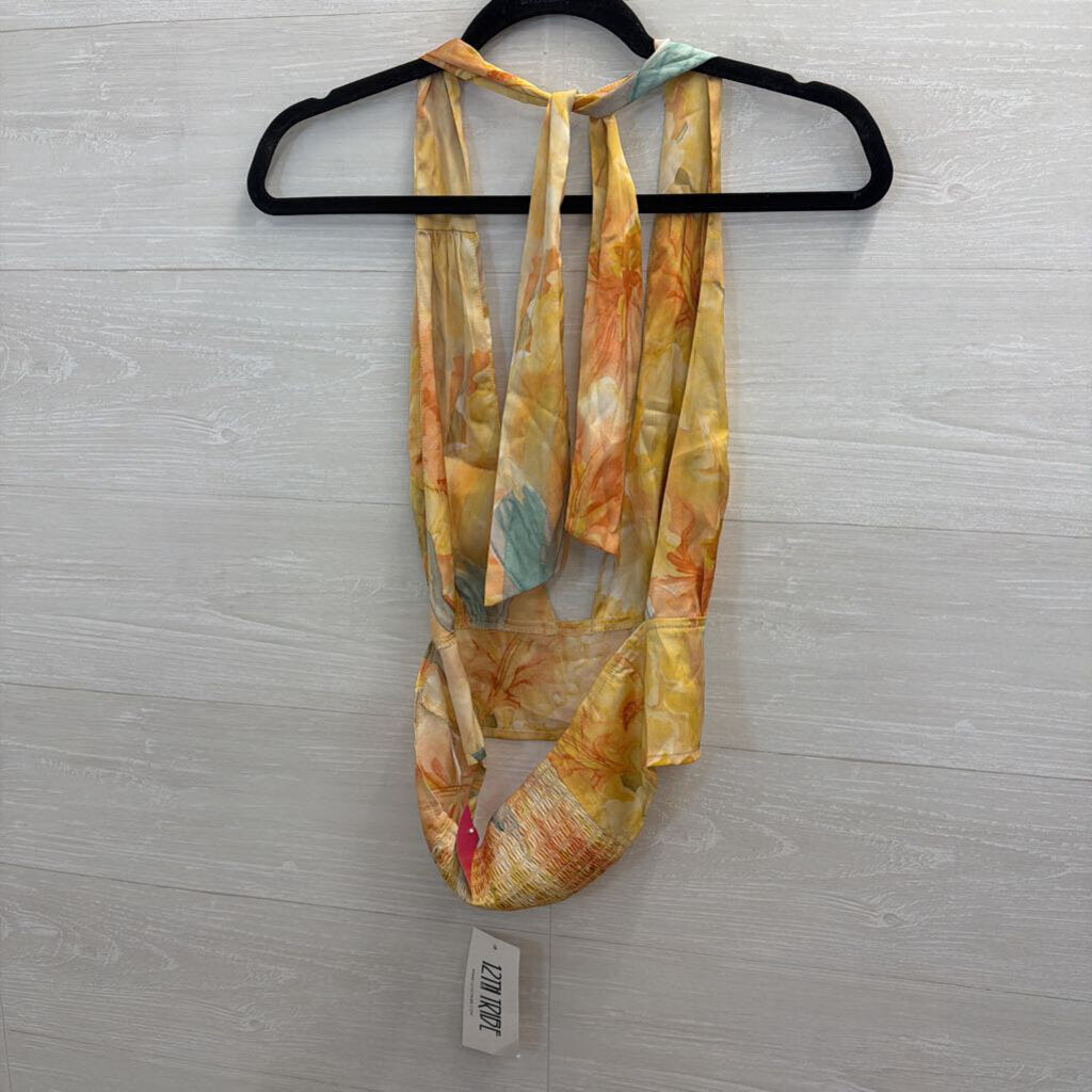 12th Tribe Yellow/ Multi Silky Print Cropped Halter Top Large