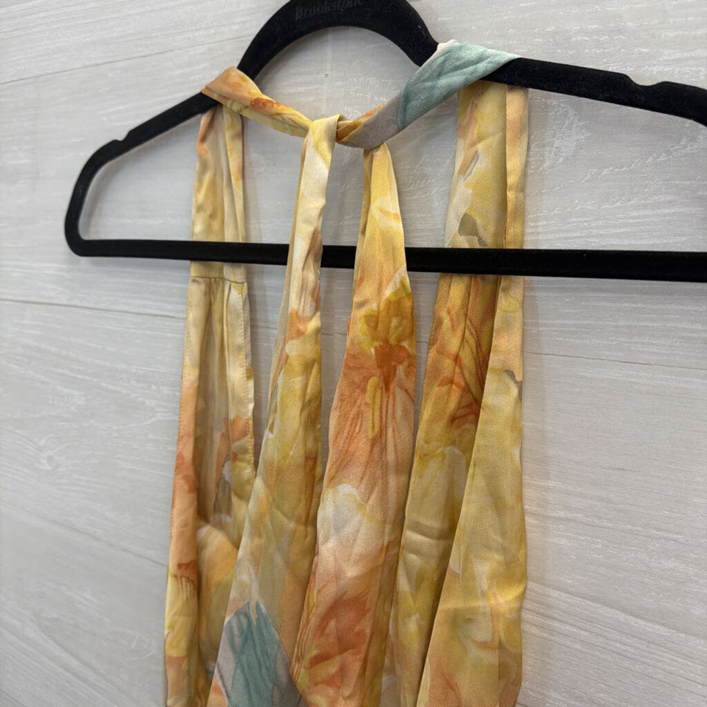 12th Tribe Yellow/ Multi Silky Print Cropped Halter Top Large