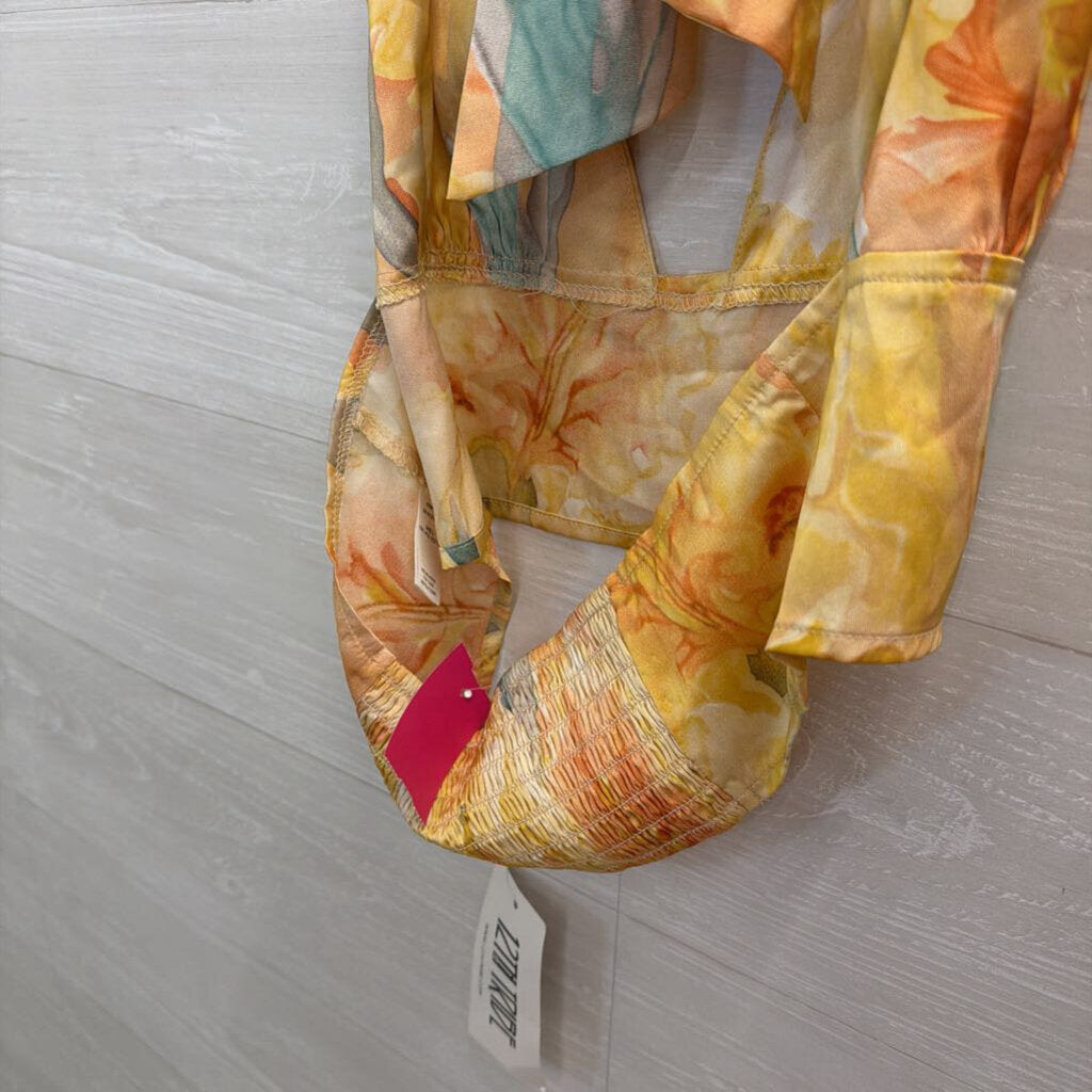 12th Tribe Yellow/ Multi Silky Print Cropped Halter Top Large