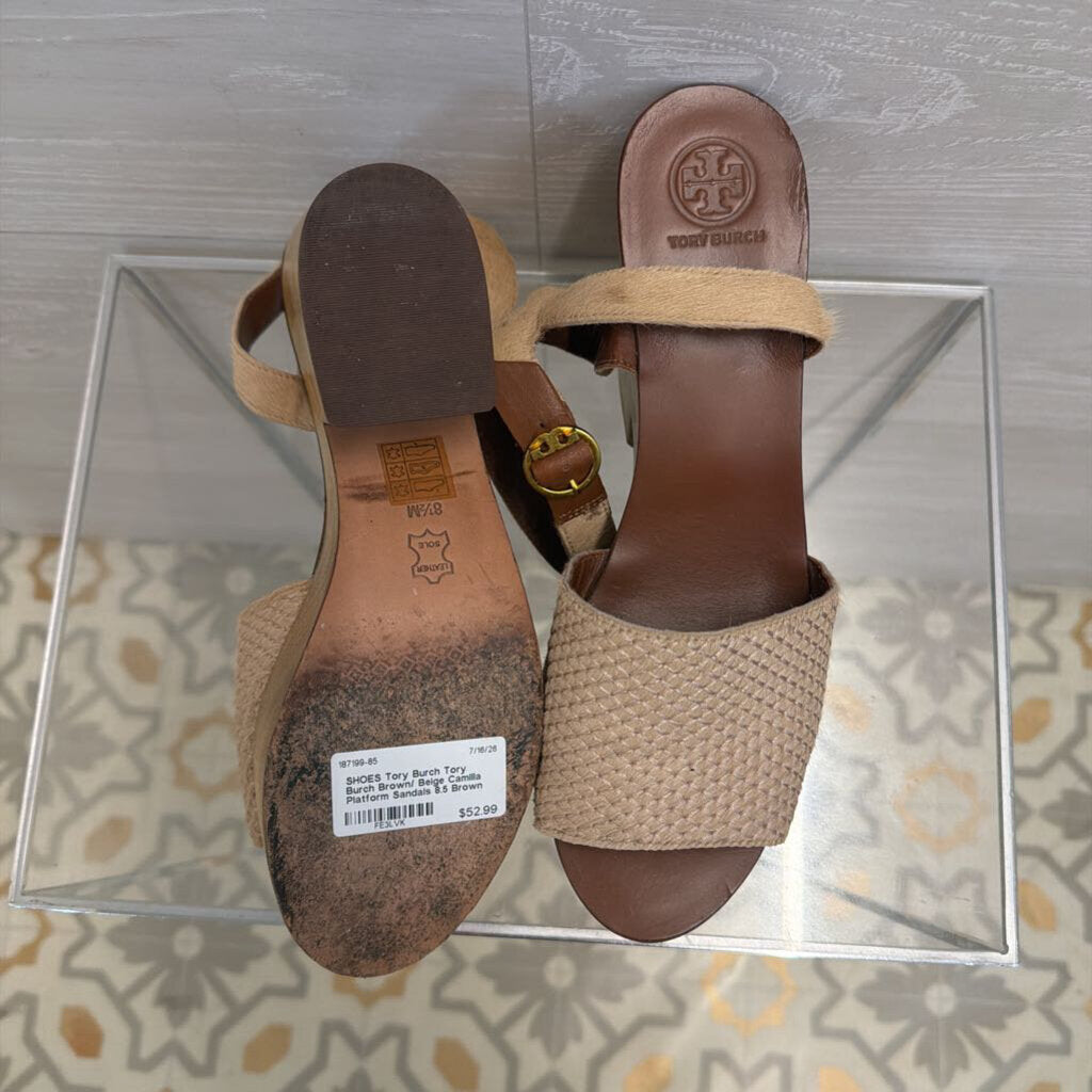 Tory Burch Brown/ Beige Camilla Platform Sandals 8.5