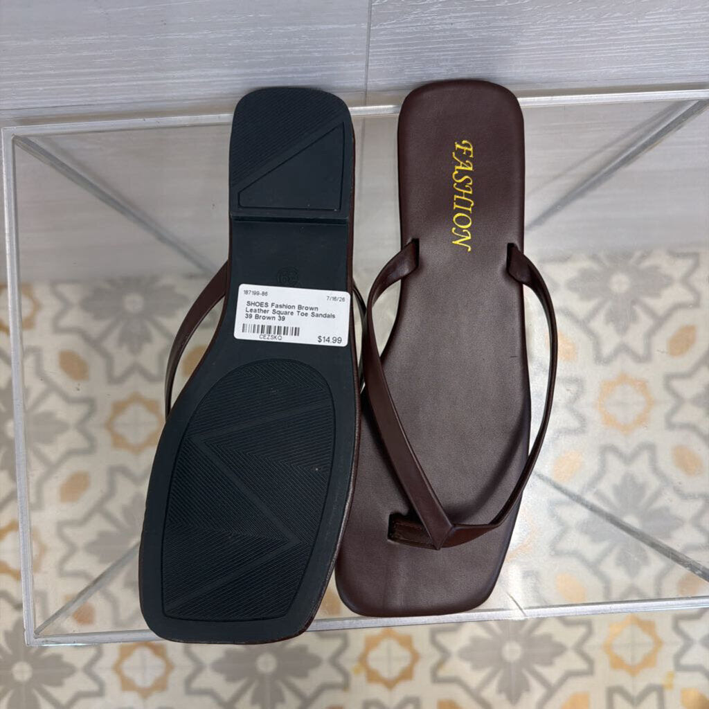 Brown Leather Square Toe Sandals 39