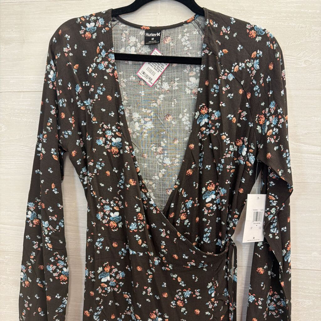 Hurley Brown/ Multi Print Long Sleeve Wrap Dress Medium