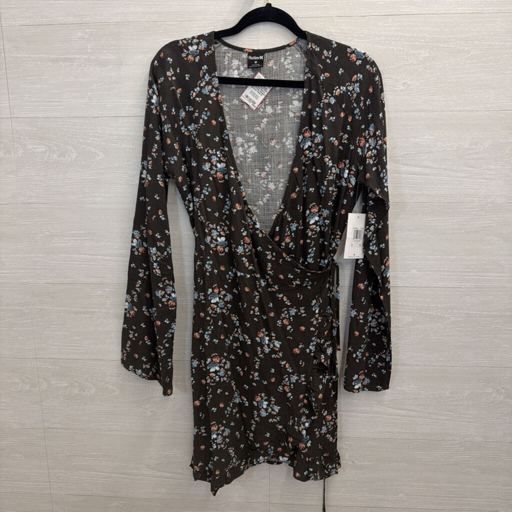 Hurley Brown/ Multi Print Long Sleeve Wrap Dress Medium