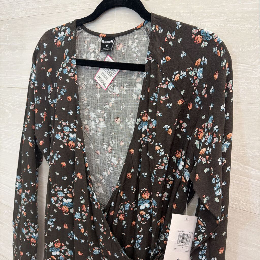 Hurley Brown/ Multi Print Long Sleeve Wrap Dress Medium