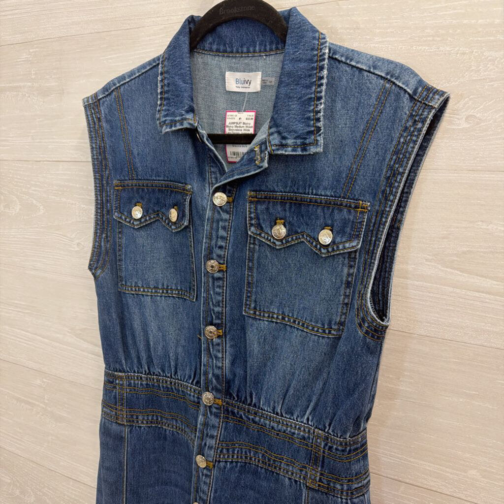 Bluivy Medium Wash Sleeveless Wide Leg Denim Jumpsuit Medium