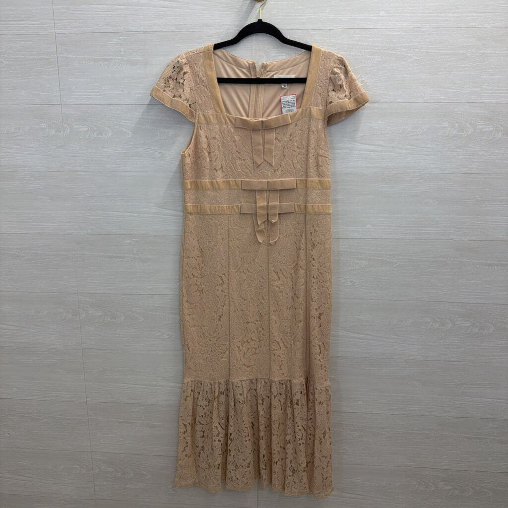 Just Me Blush Lace Velvet Bow Detail Short Sleeve Midi Dress Large