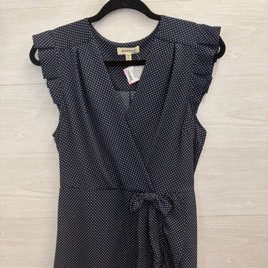 Monteau Navy/ White Polka Dot Short Sleeve Faux Wrap Dress Large
