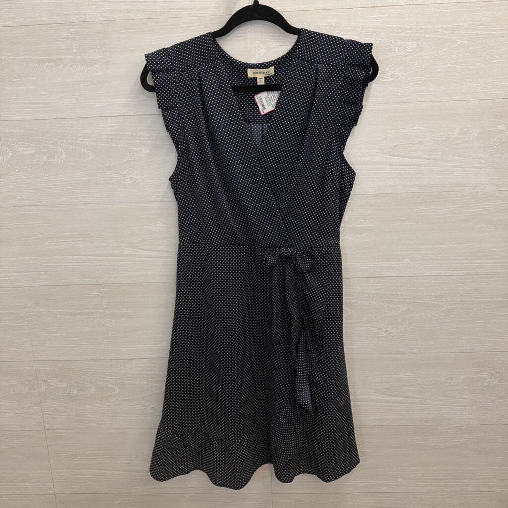 Monteau Navy/ White Polka Dot Short Sleeve Faux Wrap Dress Large