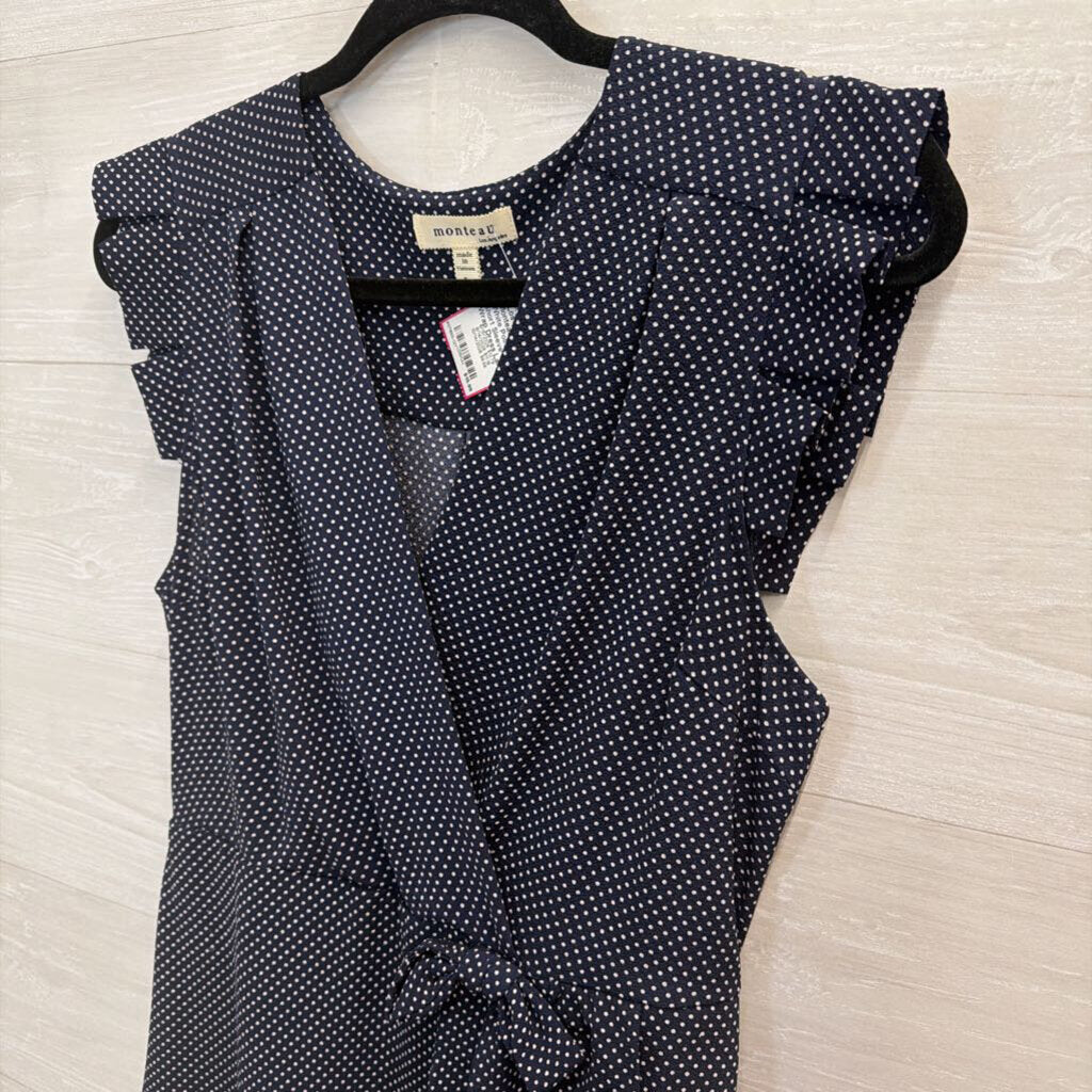 Monteau Navy/ White Polka Dot Short Sleeve Faux Wrap Dress Large