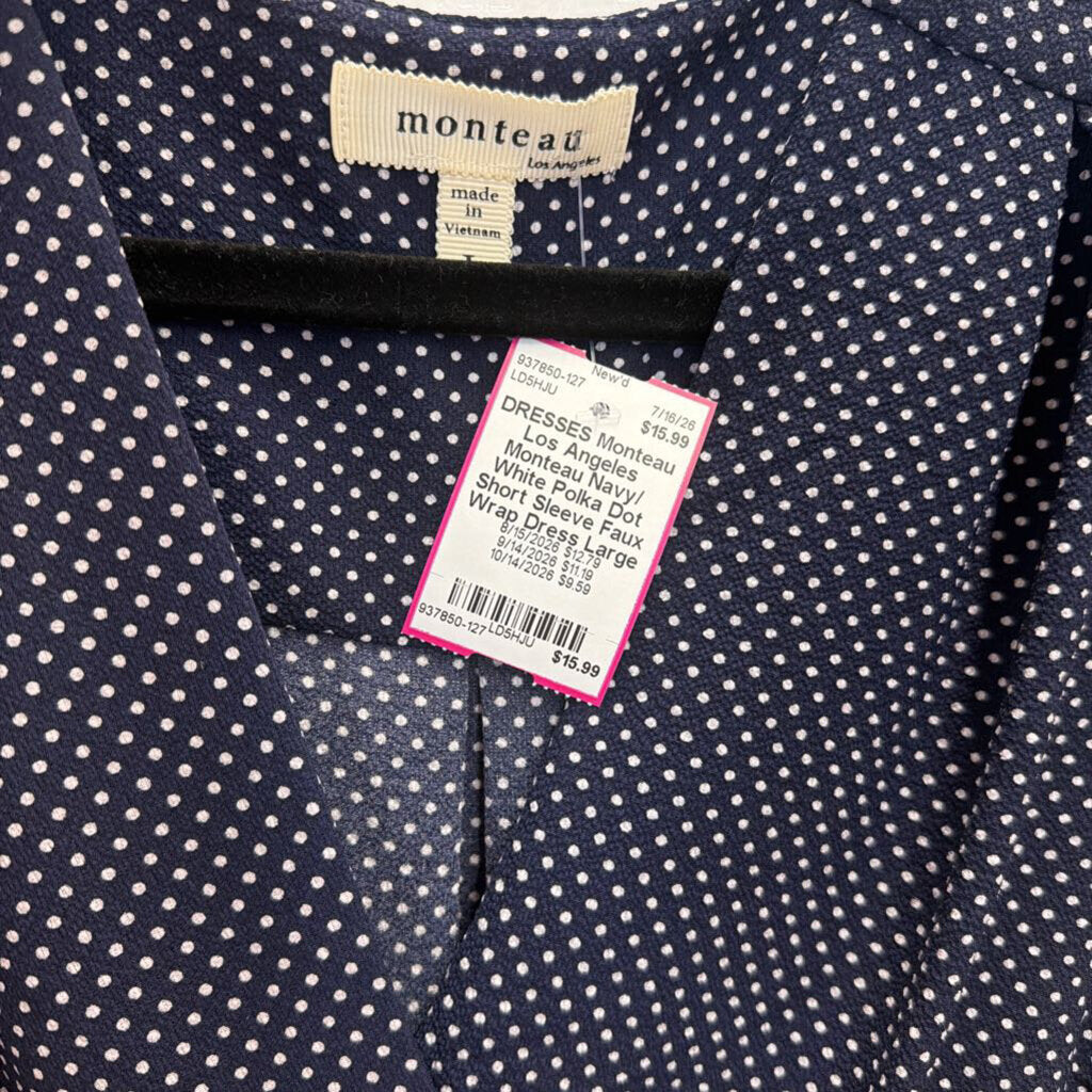 Monteau Navy/ White Polka Dot Short Sleeve Faux Wrap Dress Large