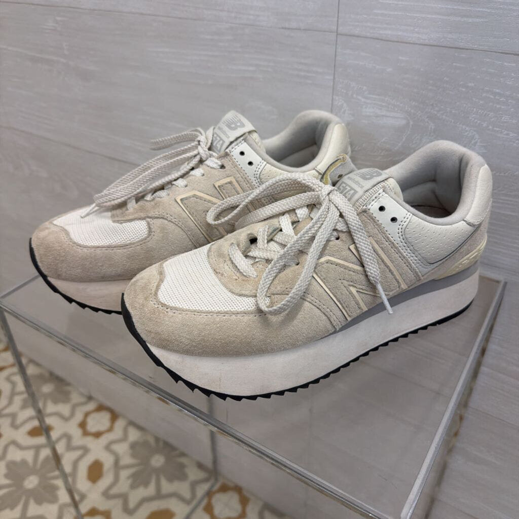 New Balance White/ Grey Stacked Platform 574+ Sneakers 9.5