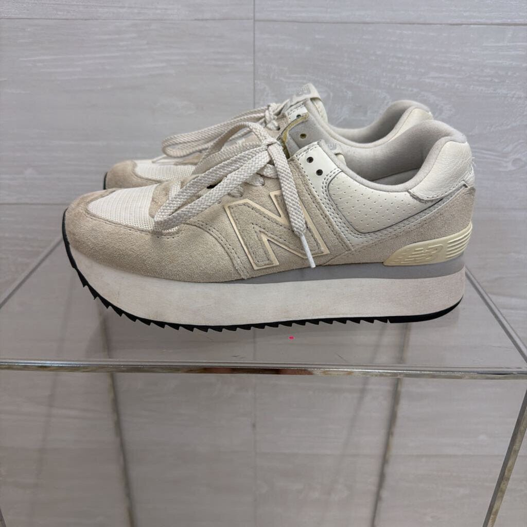 New Balance White/ Grey Stacked Platform 574+ Sneakers 9.5