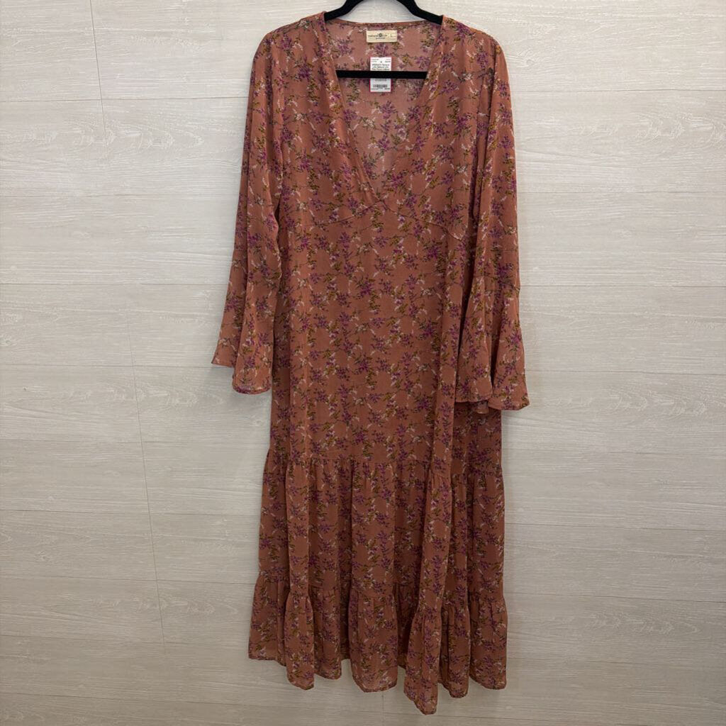 Natural Life Pink Floral Unlined Long Sleeve Maxi Dress Large